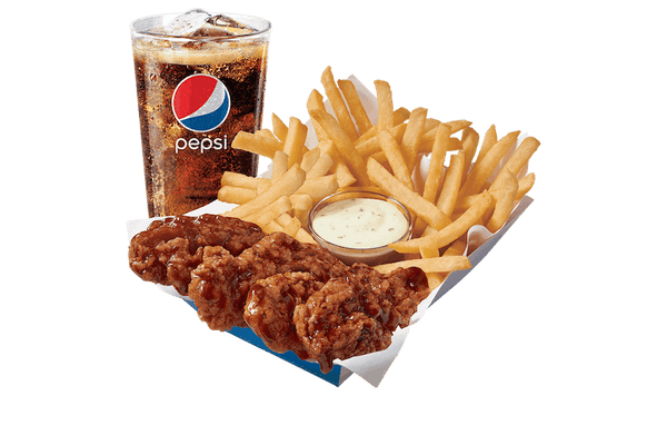 Hinton AB Dairy Queen Honey BBQ Glazed Sauced & Tossed                          Chicken Strip Basket- 6 Pieces with drink