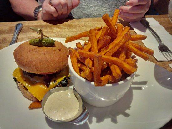 Moxie's Grill & Bar Blackened Chicken Burger & Fries